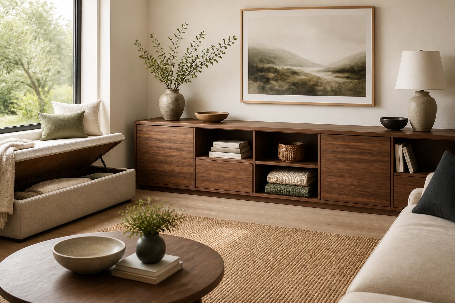 A tidy modern living room with a wooden storage cabinet, organized shelves, and a hidden-storage ottoman.