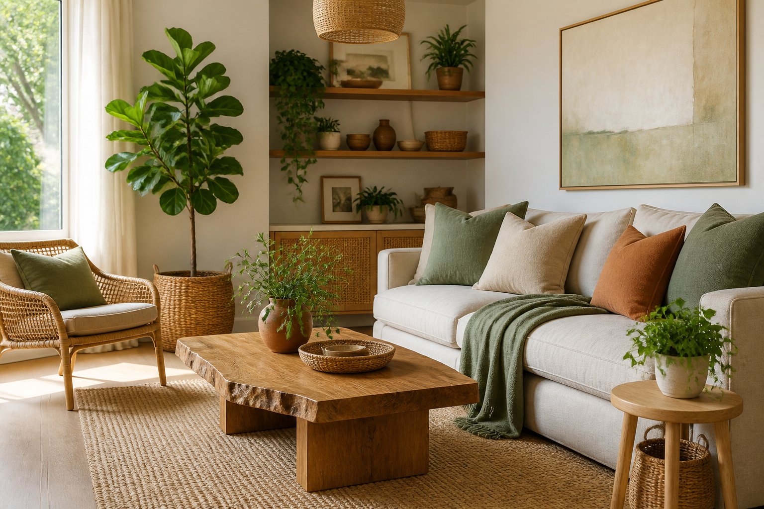 Bright living room with potted plants, woven accents, wooden furniture, and natural textiles.