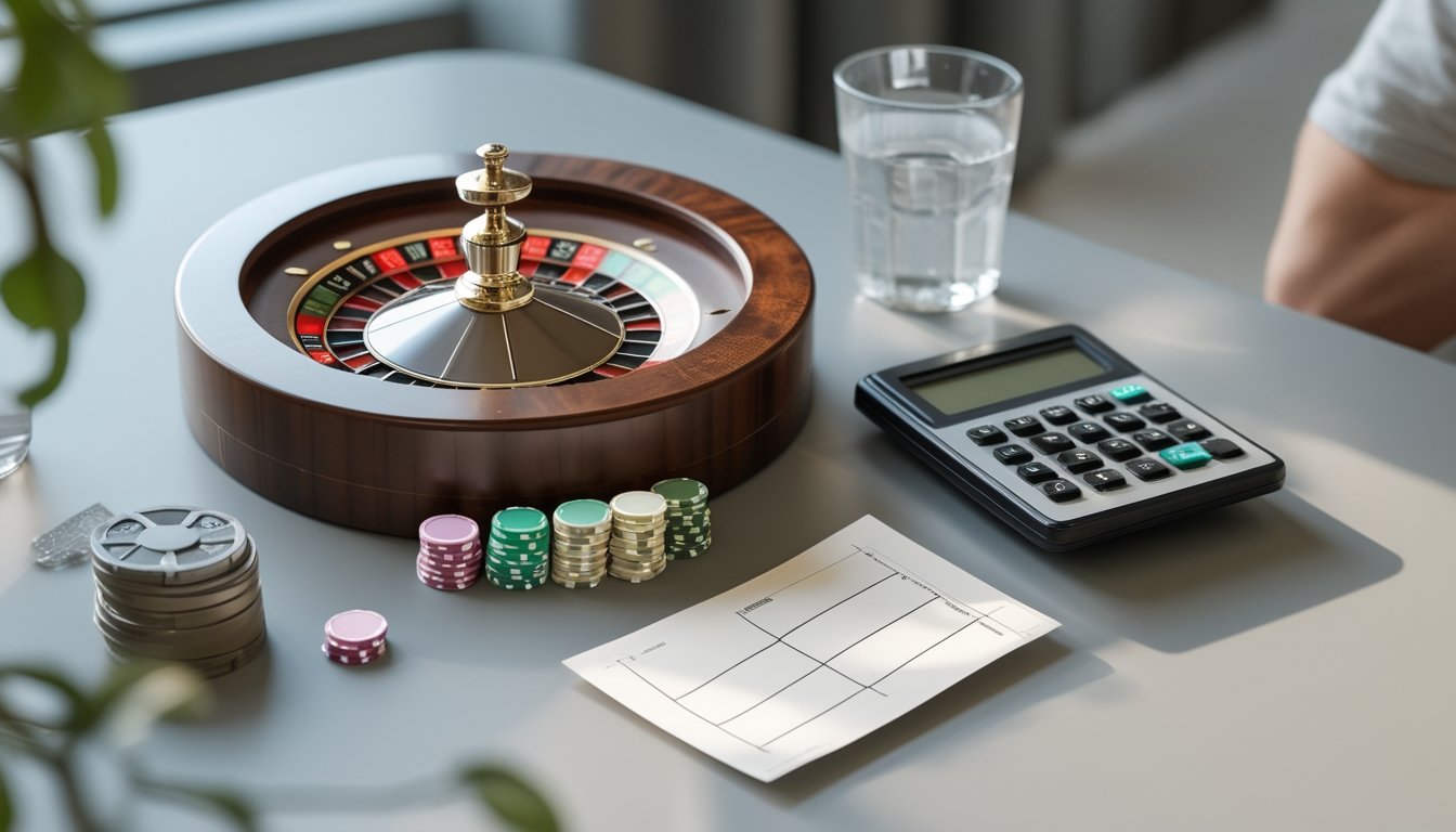 Seseorang mengamati roda roulette mini dengan sejumlah kecil chip dan perlengkapan pencatatan anggaran di atas meja.