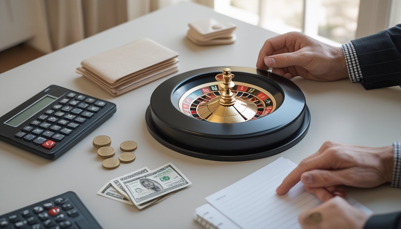 Tangan seseorang menata dana terbatas di samping roda mini roulette, kalkulator, dompet, dan buku catatan kosong.