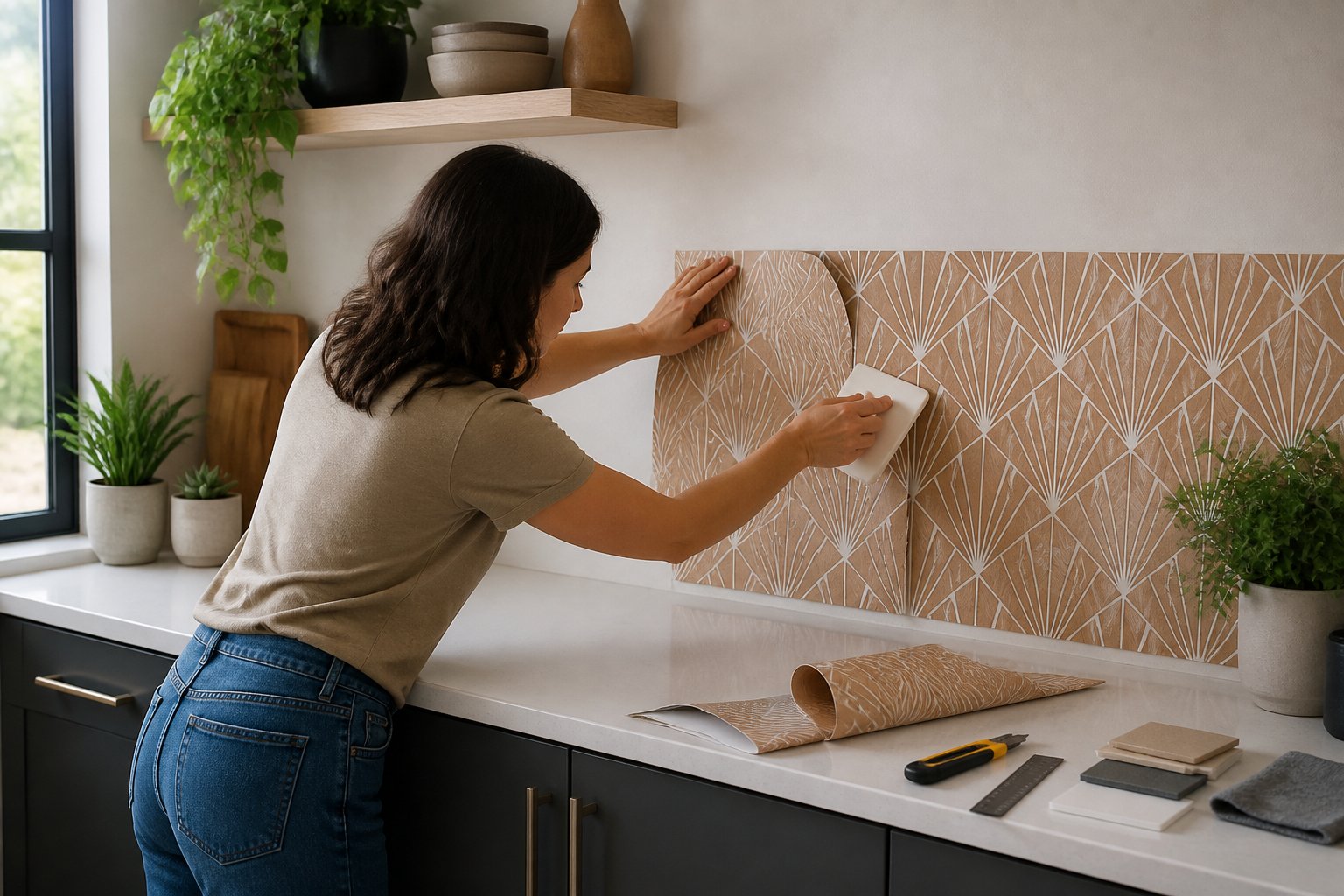 A person applies a peel-and-stick backsplash behind a kitchen countertop.