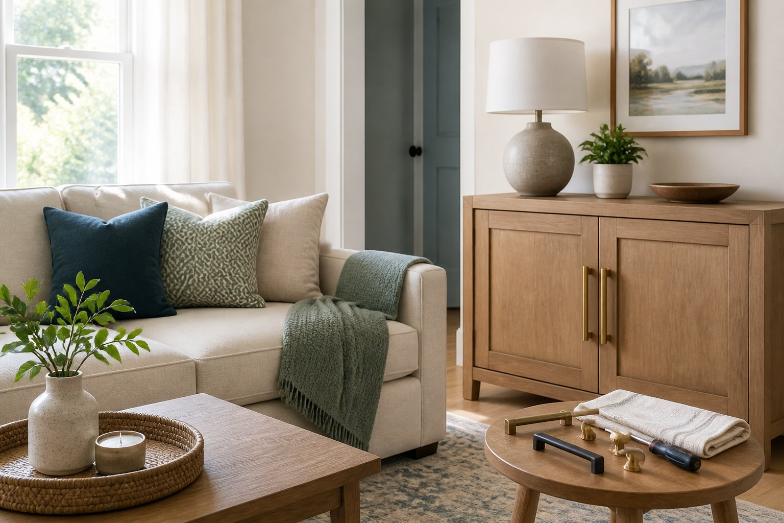 A bright living room showing several small, coordinated decor and hardware updates.