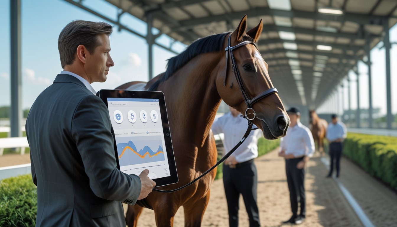 Agen pacuan kuda profesional berdiskusi dengan tim dan memeriksa tablet di samping kuda ras di area paddock.