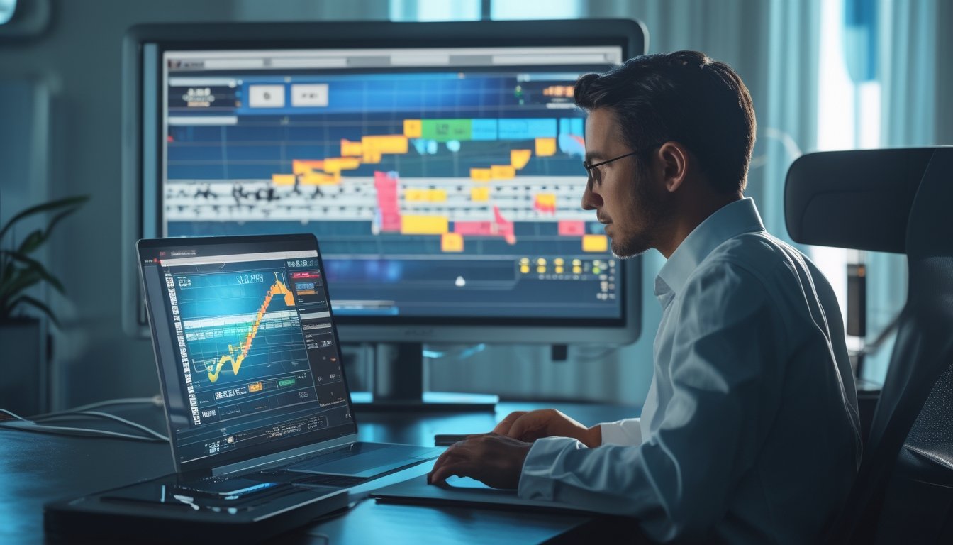 Seorang bettor mengikuti simulasi pacuan kuda virtual melalui laptop dan ponsel di ruang kerja modern.