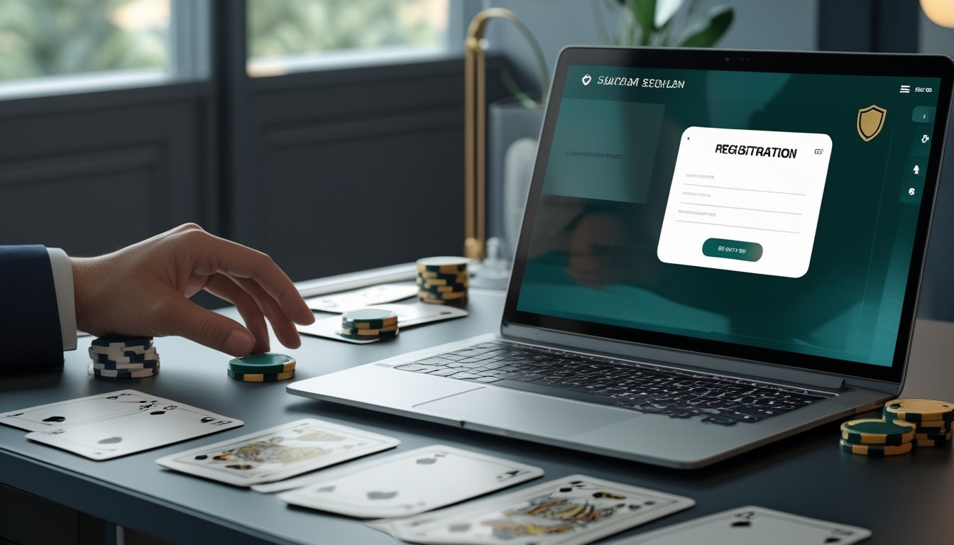 Laptop dan ponsel menampilkan formulir pendaftaran akun dengan kartu remi, chip poker, dan simbol keamanan di meja kerja.