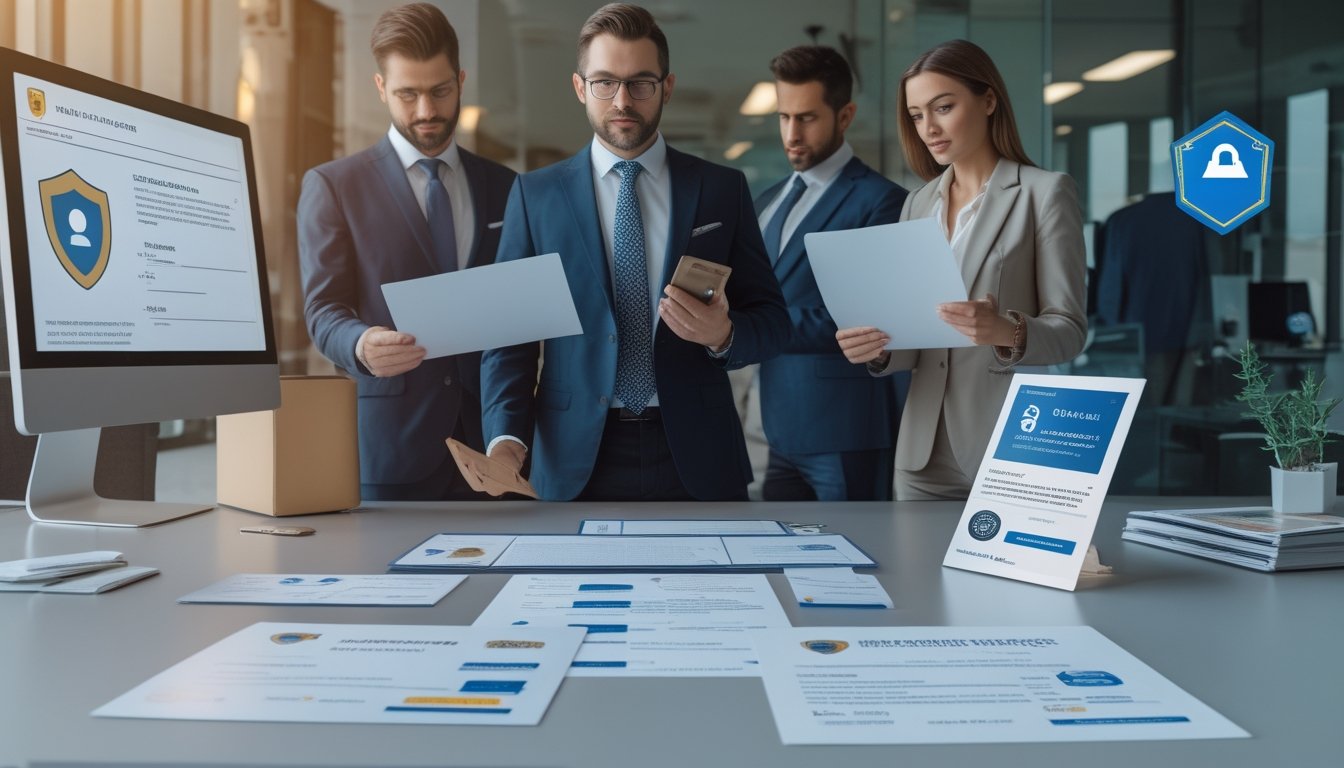 Sekelompok profesional dewasa meninjau dokumen kepatuhan dan sistem digital aman di kantor modern.