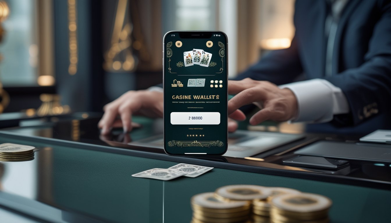 Ponsel menampilkan antarmuka kasino digital dengan kartu remi, keping kasino, dan ilustrasi dompet digital.