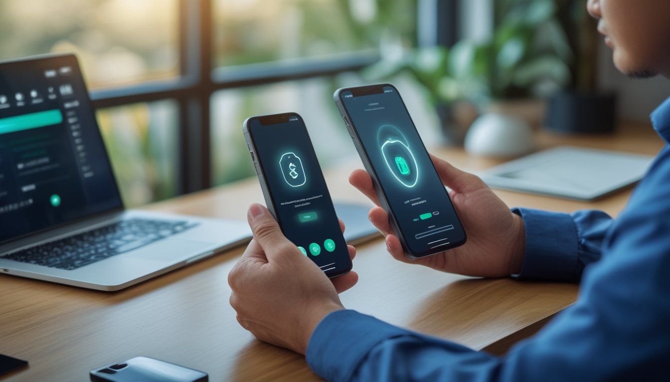 Seseorang menggunakan ponsel untuk melakukan transaksi digital di meja kerja modern.