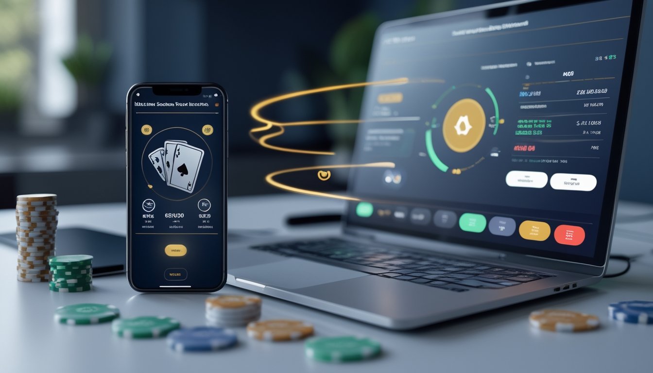 Ponsel dan laptop menampilkan transaksi dompet digital dengan kartu pembayaran dan keping poker di meja.