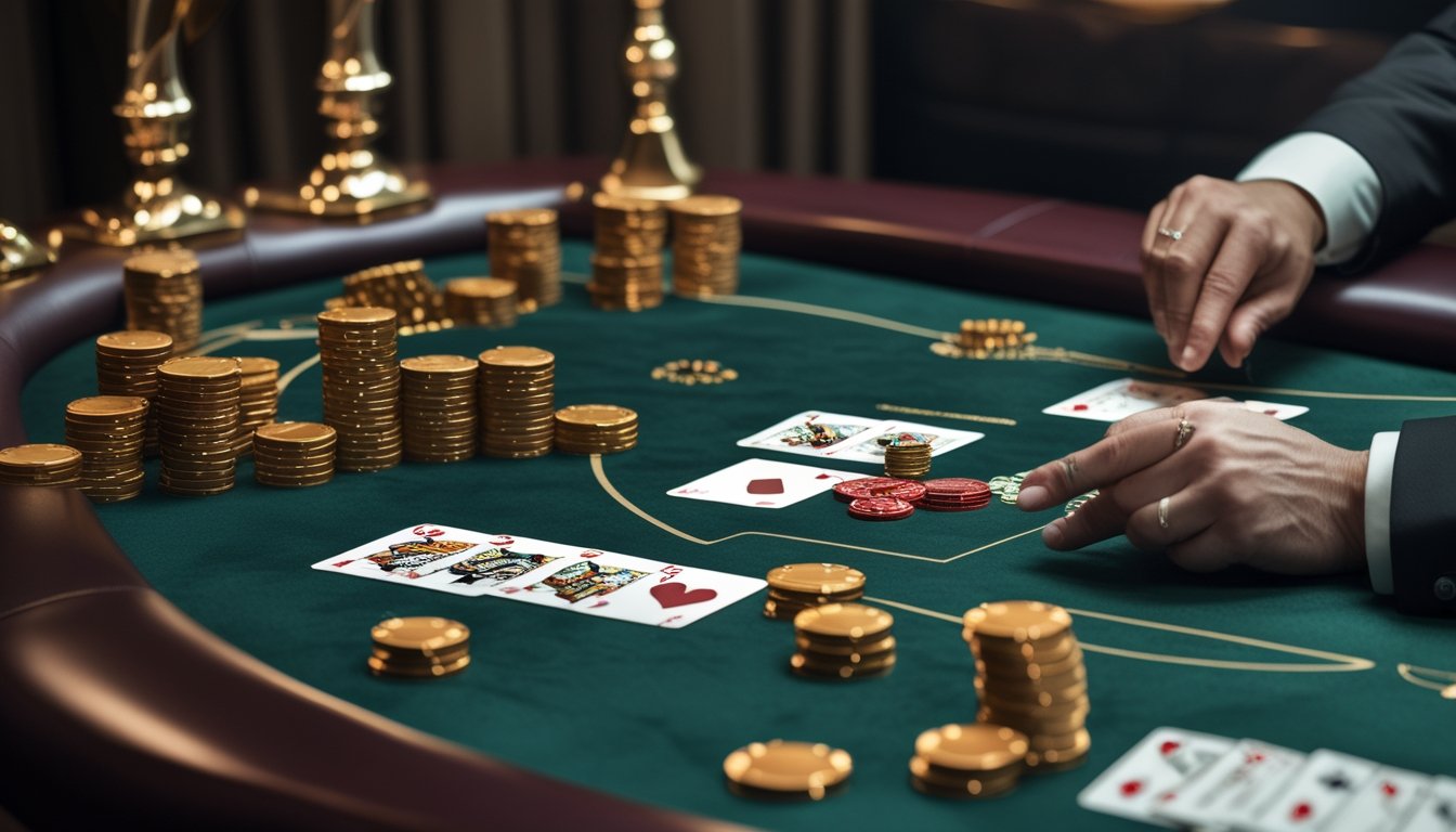 Meja poker elegan dengan kartu, tumpukan chip, dan aksen koin emas di ruang kasino mewah.