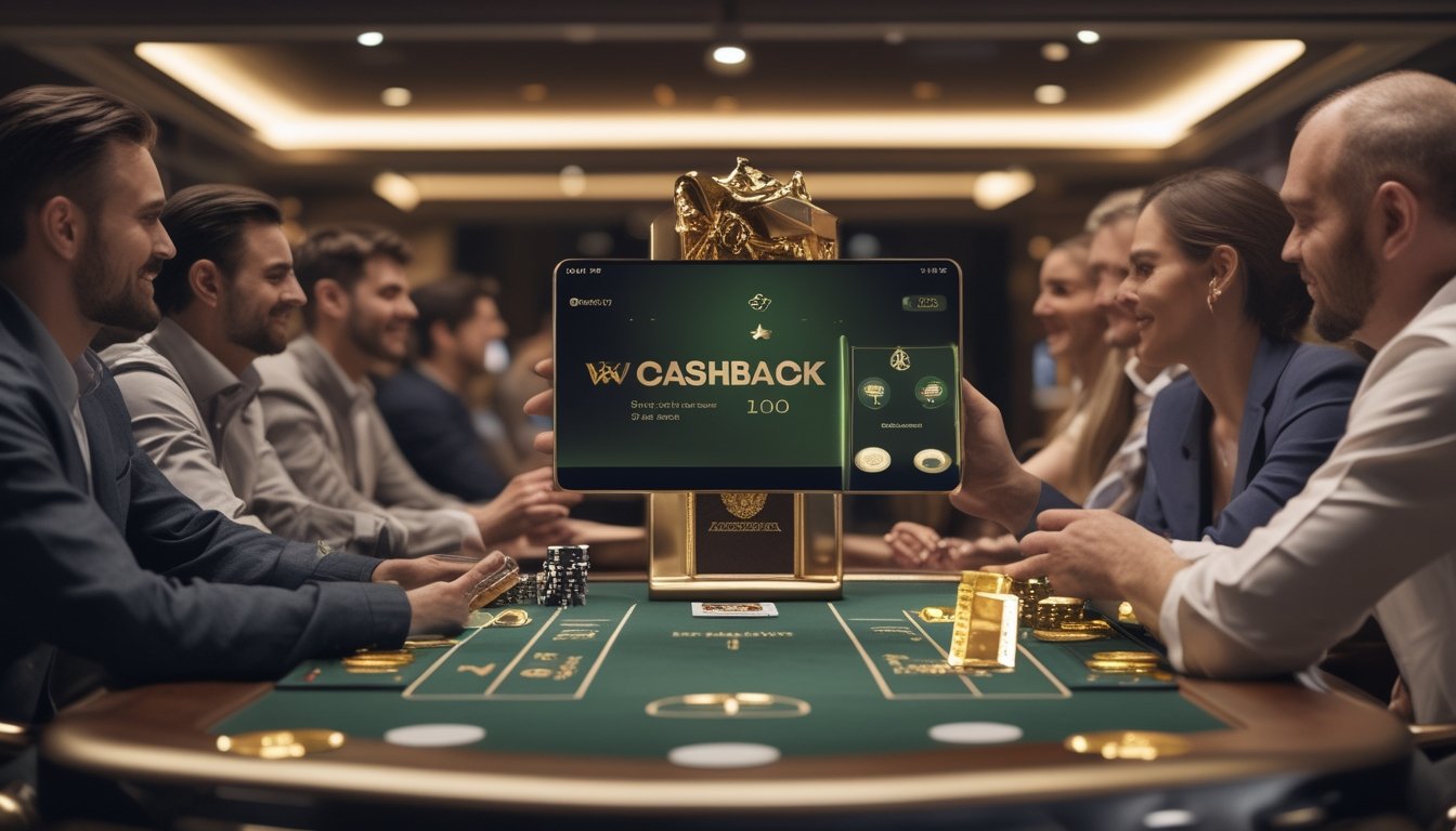 Suasana permainan poker elegan dengan kartu, keping kasino, dan hadiah emas di atas meja.