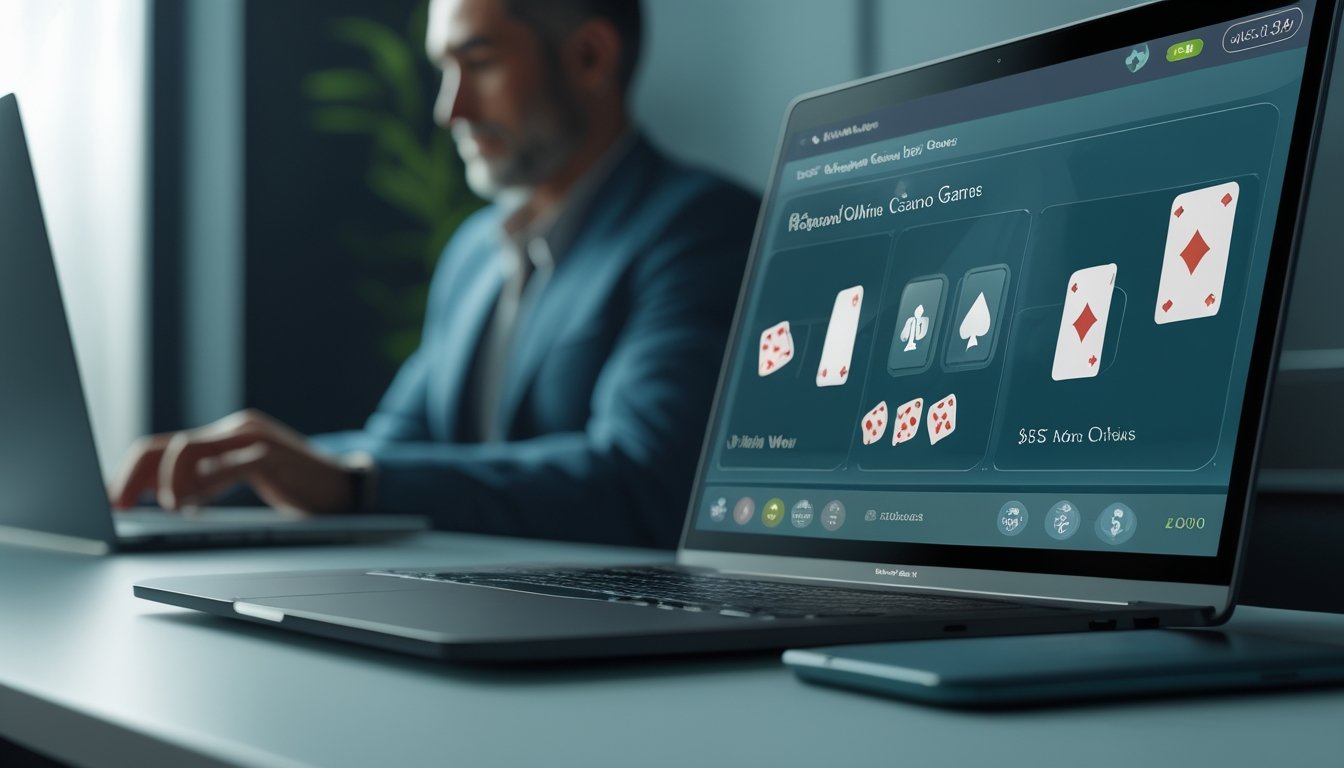 Seseorang menggunakan laptop dan ponsel untuk permainan kartu online dengan taruhan kecil.