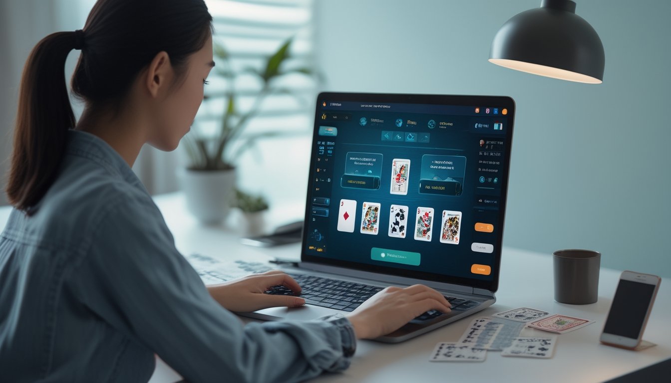 Orang dewasa menggunakan laptop dengan kartu permainan dan beberapa chip kasino di meja kerja sederhana.