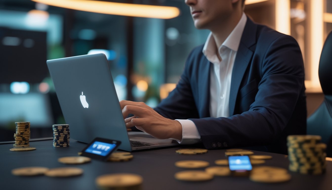 Pemain menggunakan laptop dengan berbagai pilihan metode pembayaran di meja bernuansa kasino.