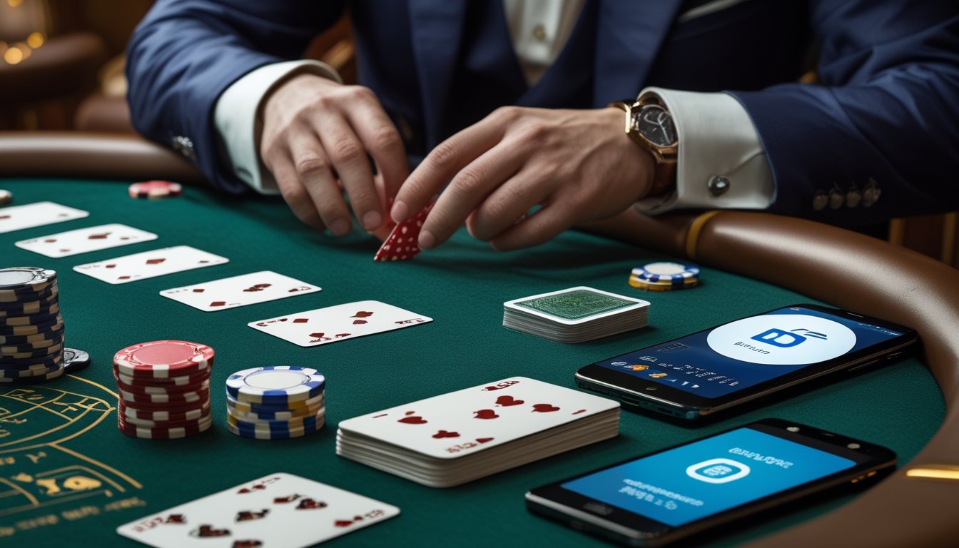 Meja permainan Casino War dengan kartu, keping kasino, dan berbagai perangkat pembayaran.