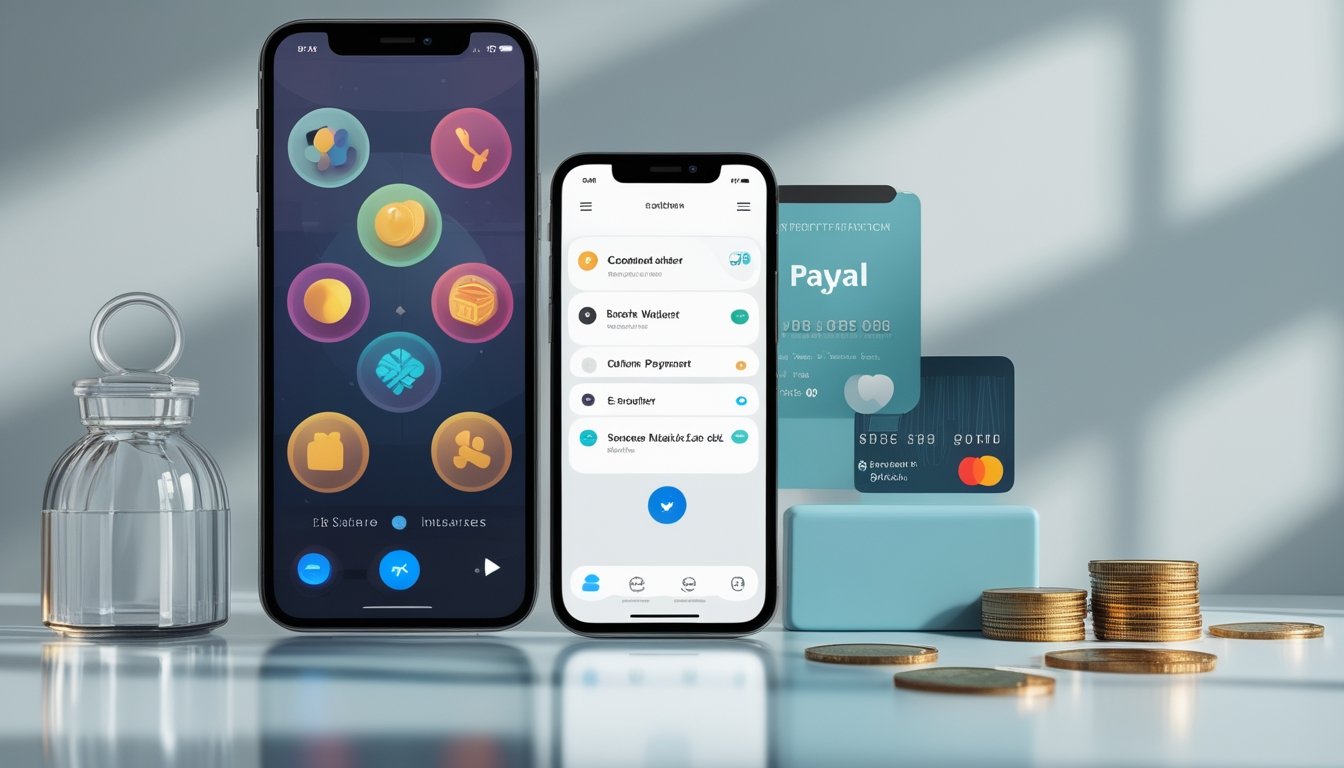 Ponsel dengan permainan digital dan berbagai pilihan pembayaran elektronik di atas meja modern.