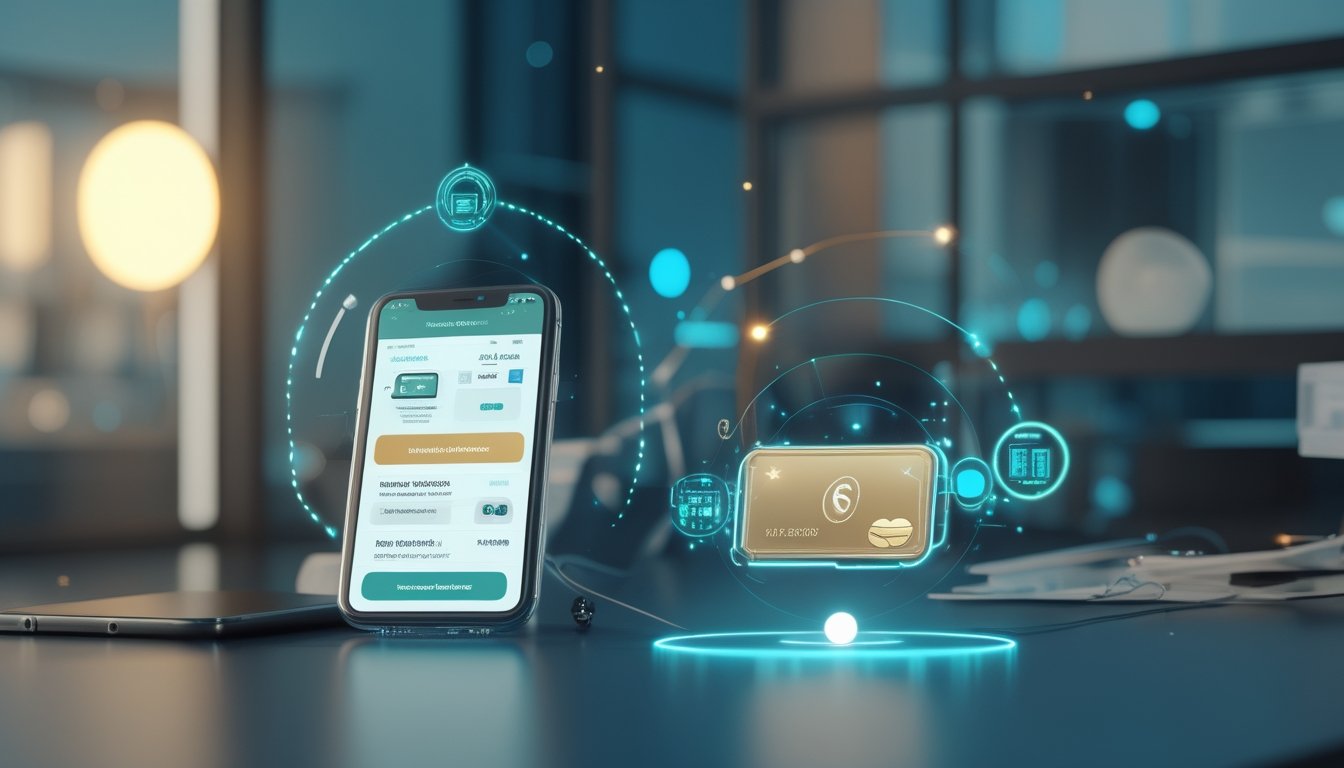 Smartphone dengan tampilan pembayaran digital generik dikelilingi elemen konektivitas dompet elektronik dan transaksi aman.