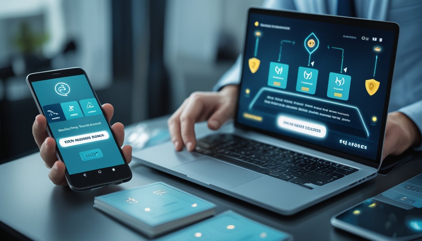 Orang dewasa meninjau dasbor pembayaran dan bonus digital di laptop dan ponsel dalam suasana kantor modern.