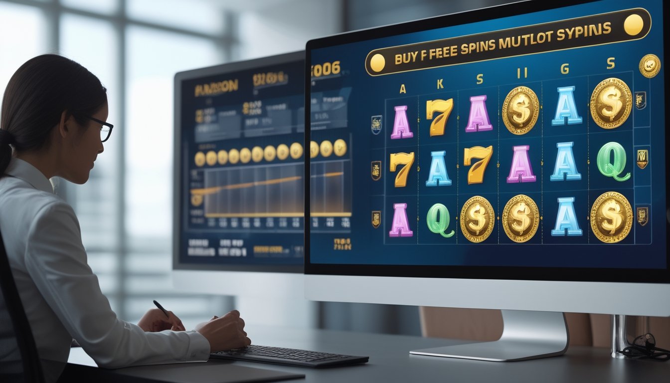 Analis mempelajari tampilan permainan slot dengan beberapa garis pembayaran dan fitur putaran gratis di ruang kerja modern.