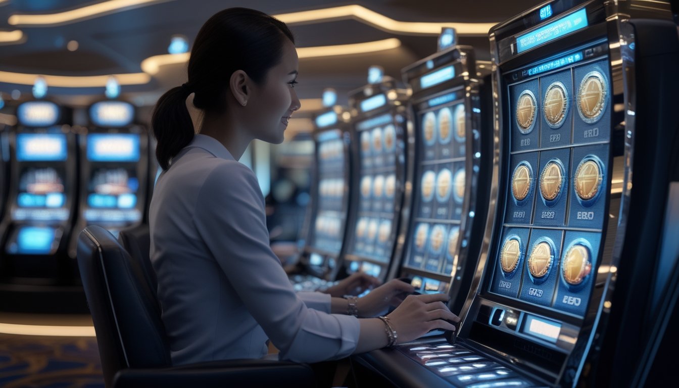 Seorang pemain dewasa duduk di depan mesin slot digital modern di ruang kasino yang elegan.
