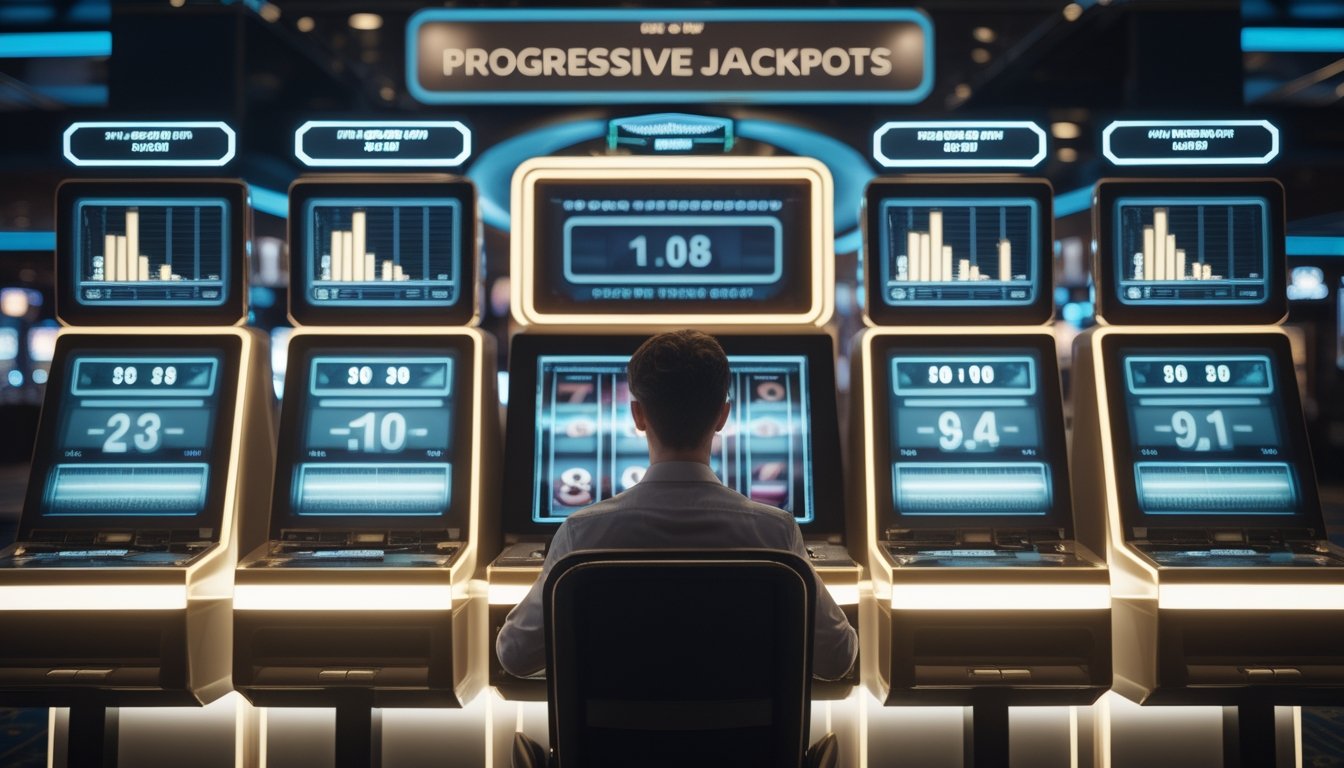 Seorang pemain mengamati beberapa mesin slot digital yang terhubung dengan indikator jackpot progresif bercahaya.