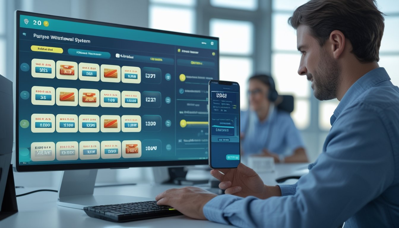 Pengguna mempelajari sistem multi-payline di komputer, dengan ponsel yang menampilkan konfirmasi penarikan dana dan agen layanan pelanggan di latar belakang.