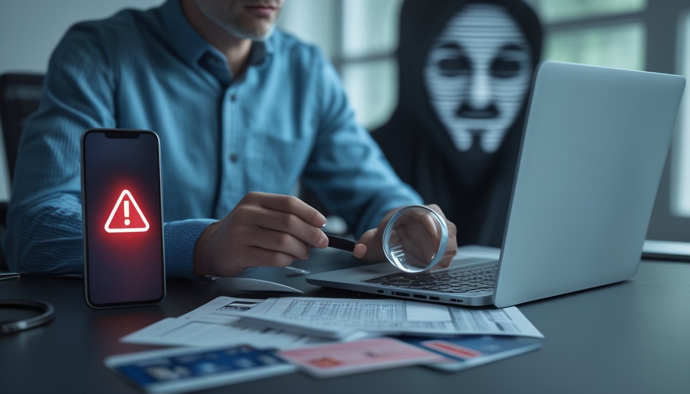 Seorang pemain memeriksa aktivitas pembayaran mencurigakan di laptop dengan simbol peringatan dan bayangan anonim di latar belakang.