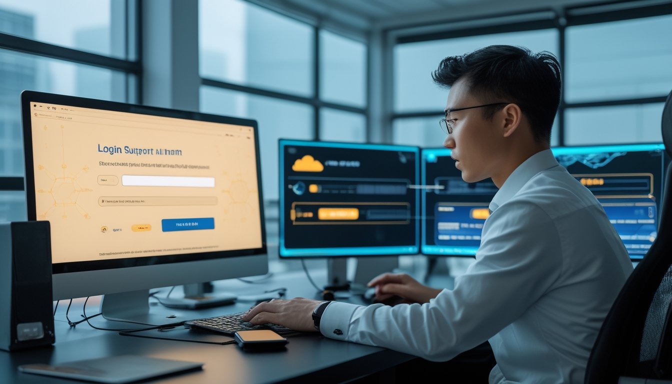 Seorang profesional TI memeriksa gangguan koneksi dan akses akun pada beberapa monitor di kantor modern.