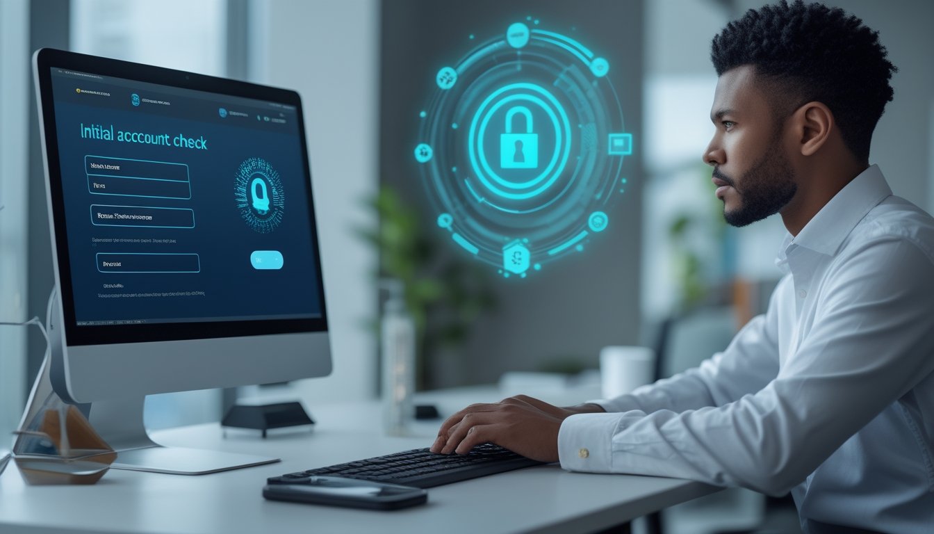Petugas dukungan memeriksa akses akun dan status server pada komputer di ruang kerja modern.