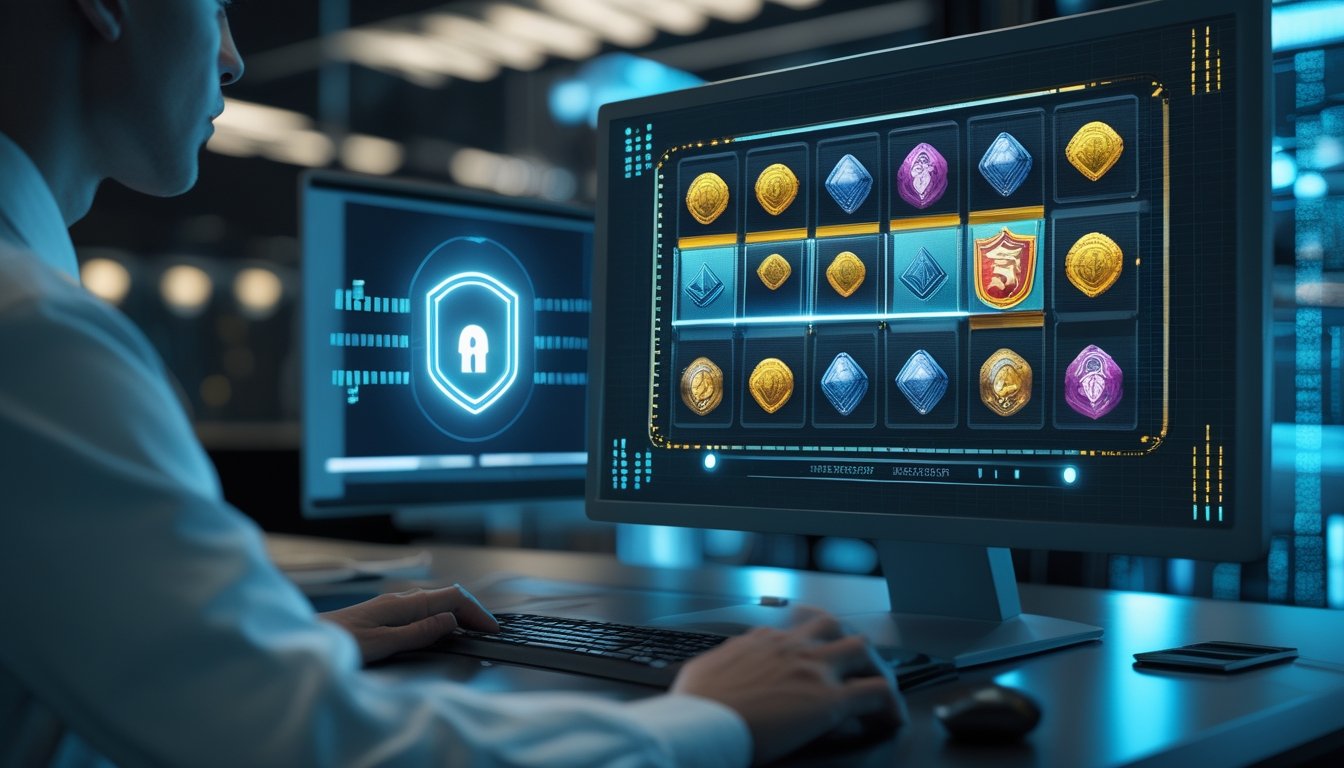 Monitor menampilkan permainan slot abstrak dengan beberapa garis pembayaran, dilindungi ikon perisai dan gembok digital di ruang kerja modern.