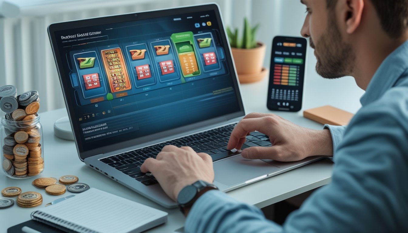 Seseorang mengatur anggaran saat bermain permainan slot di meja kerja dengan laptop, ponsel, kalkulator, dan wadah koin.