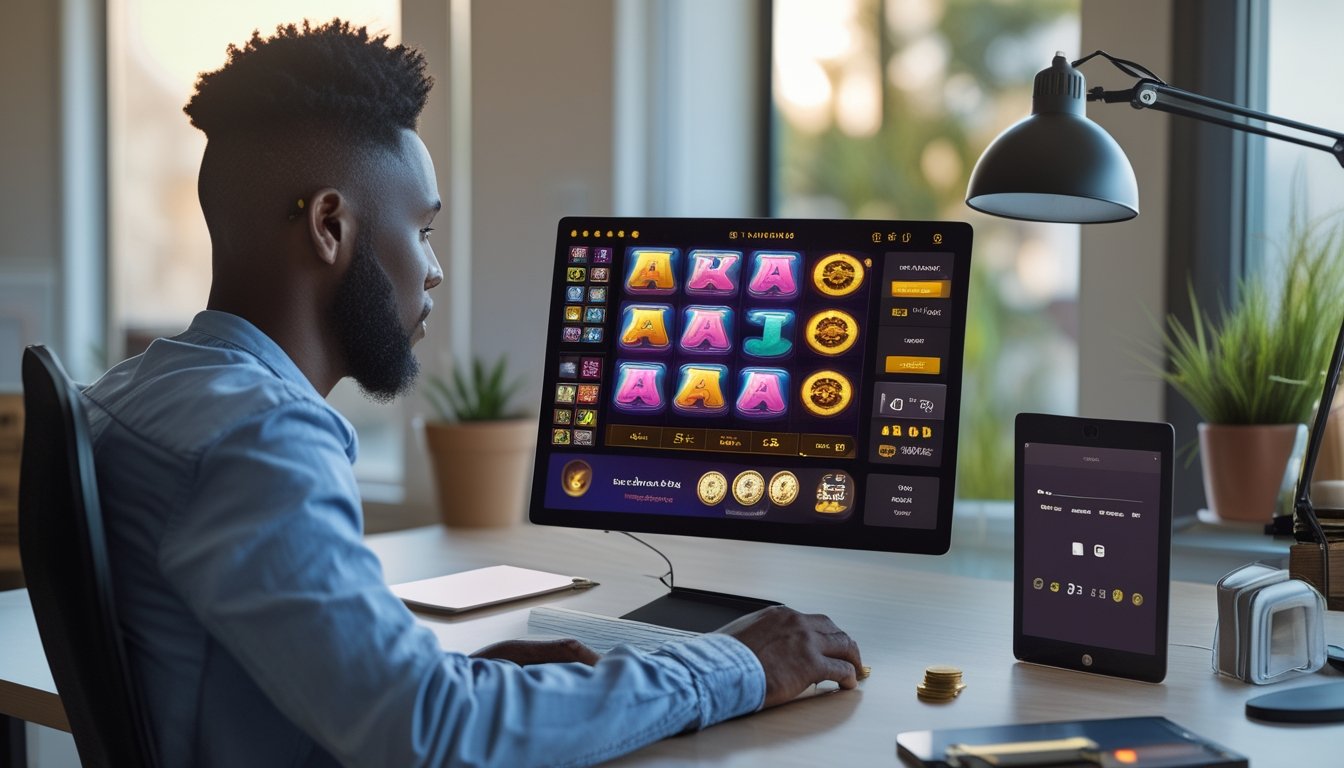 Seorang anggota dewasa menggunakan laptop dengan tampilan permainan slot digital di ruang kerja modern.