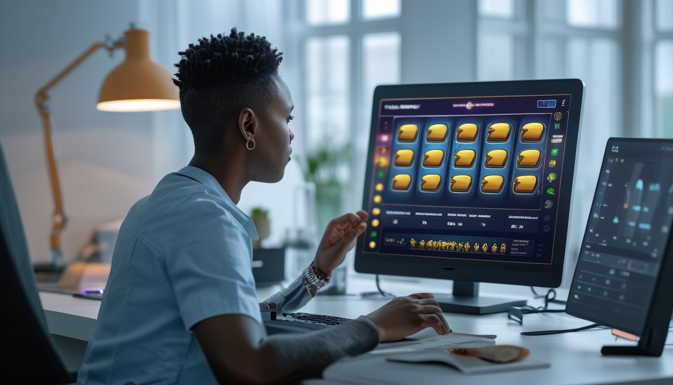 Orang dewasa mengamati permainan slot dengan beberapa garis pembayaran di laptop dan ponsel pada meja kerja.