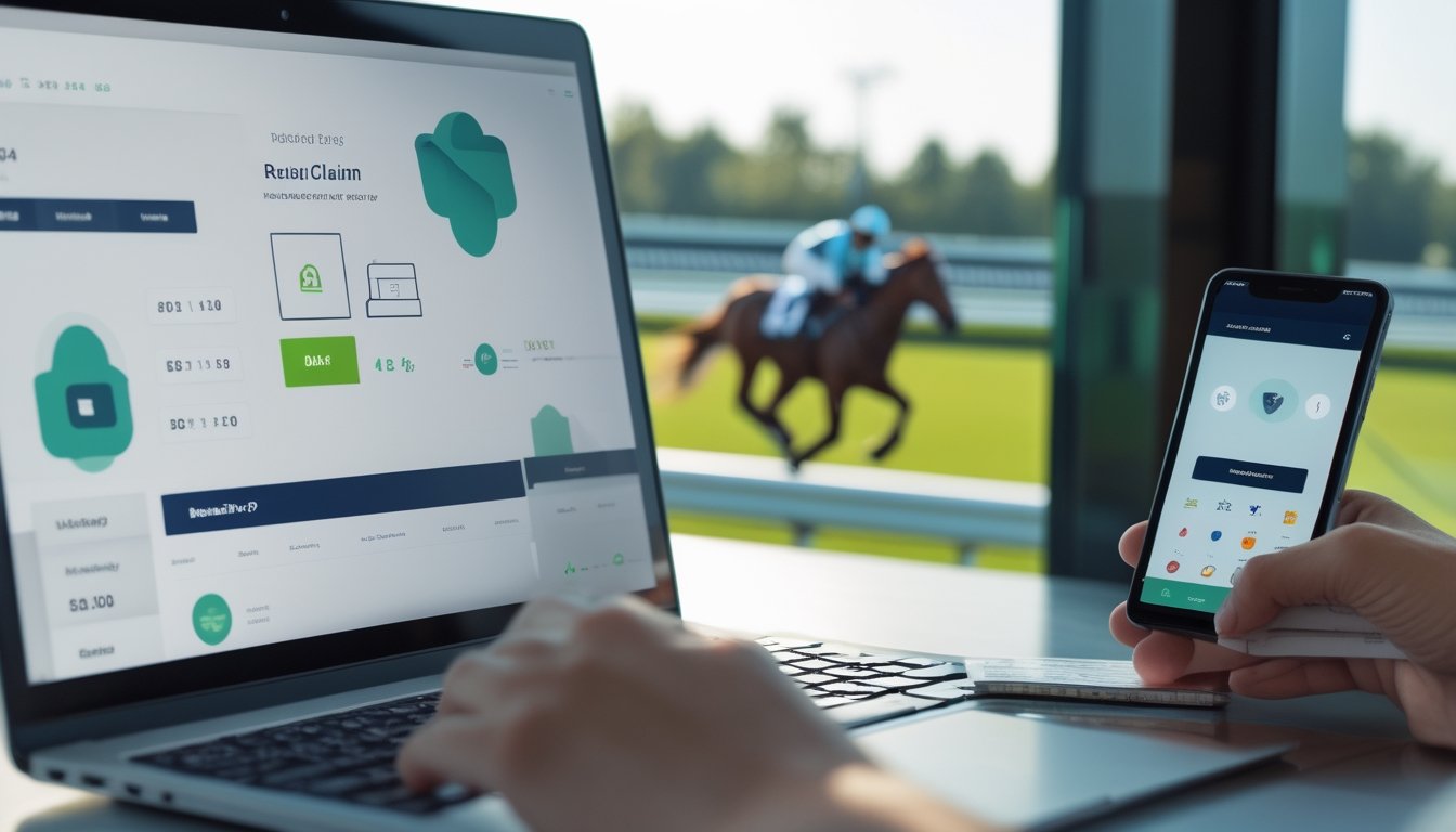Laptop dan ponsel menampilkan antarmuka hadiah digital di dekat lintasan pacuan kuda.