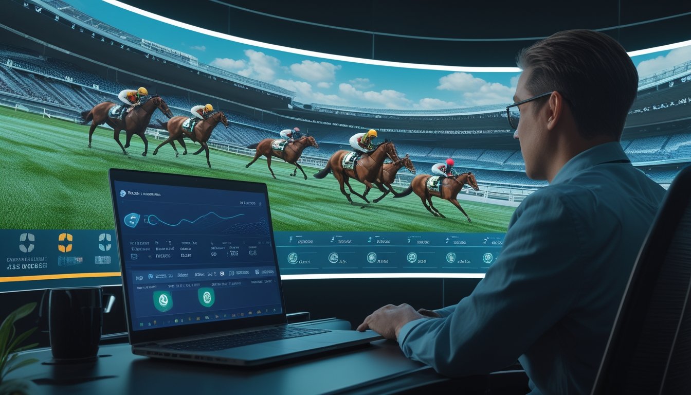Pengguna melihat balapan kuda virtual di layar laptop dalam ruang digital modern.