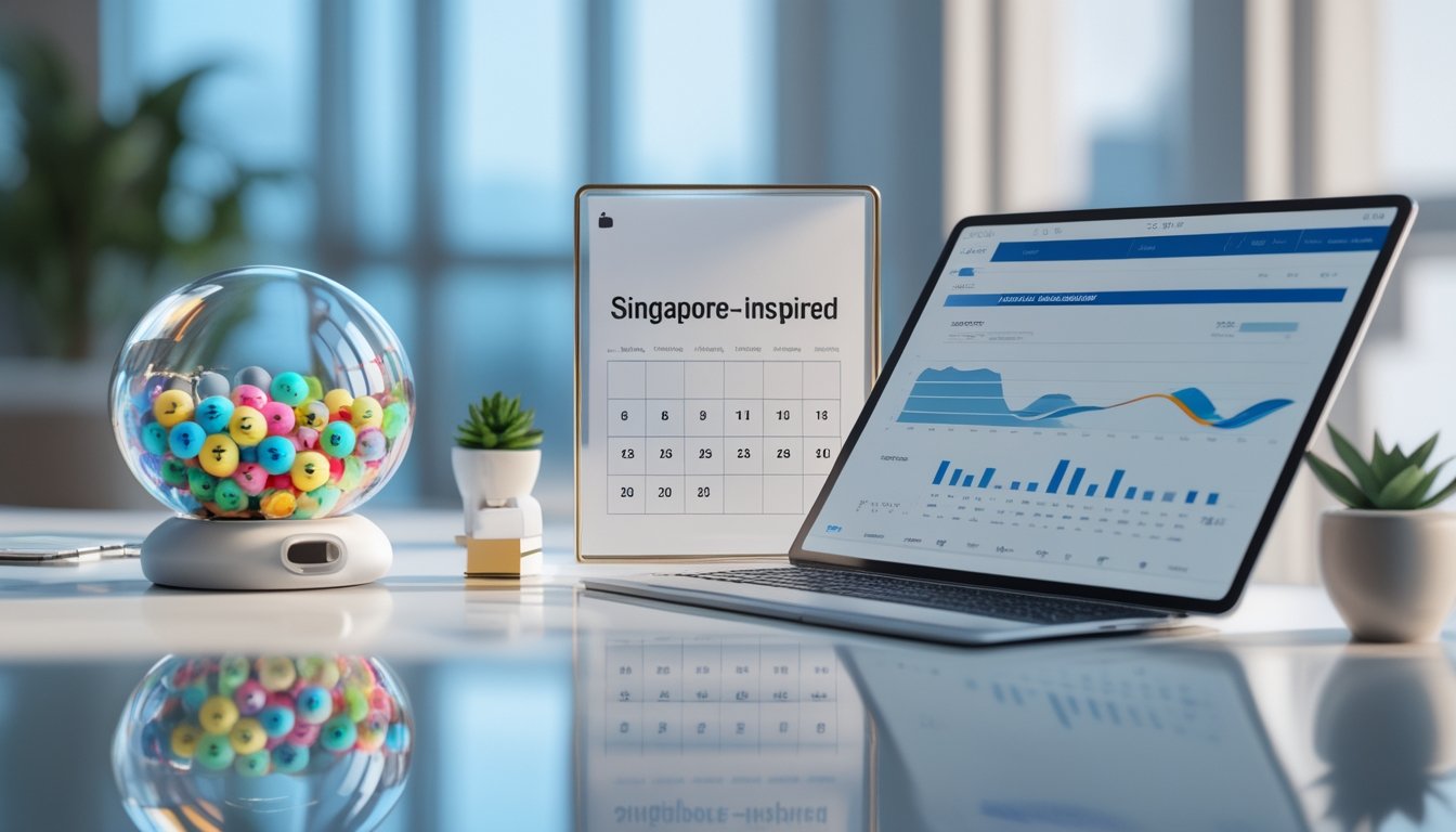 Mesin pengundian transparan dengan bola bernomor, kalender, dan grafik abstrak di meja modern.