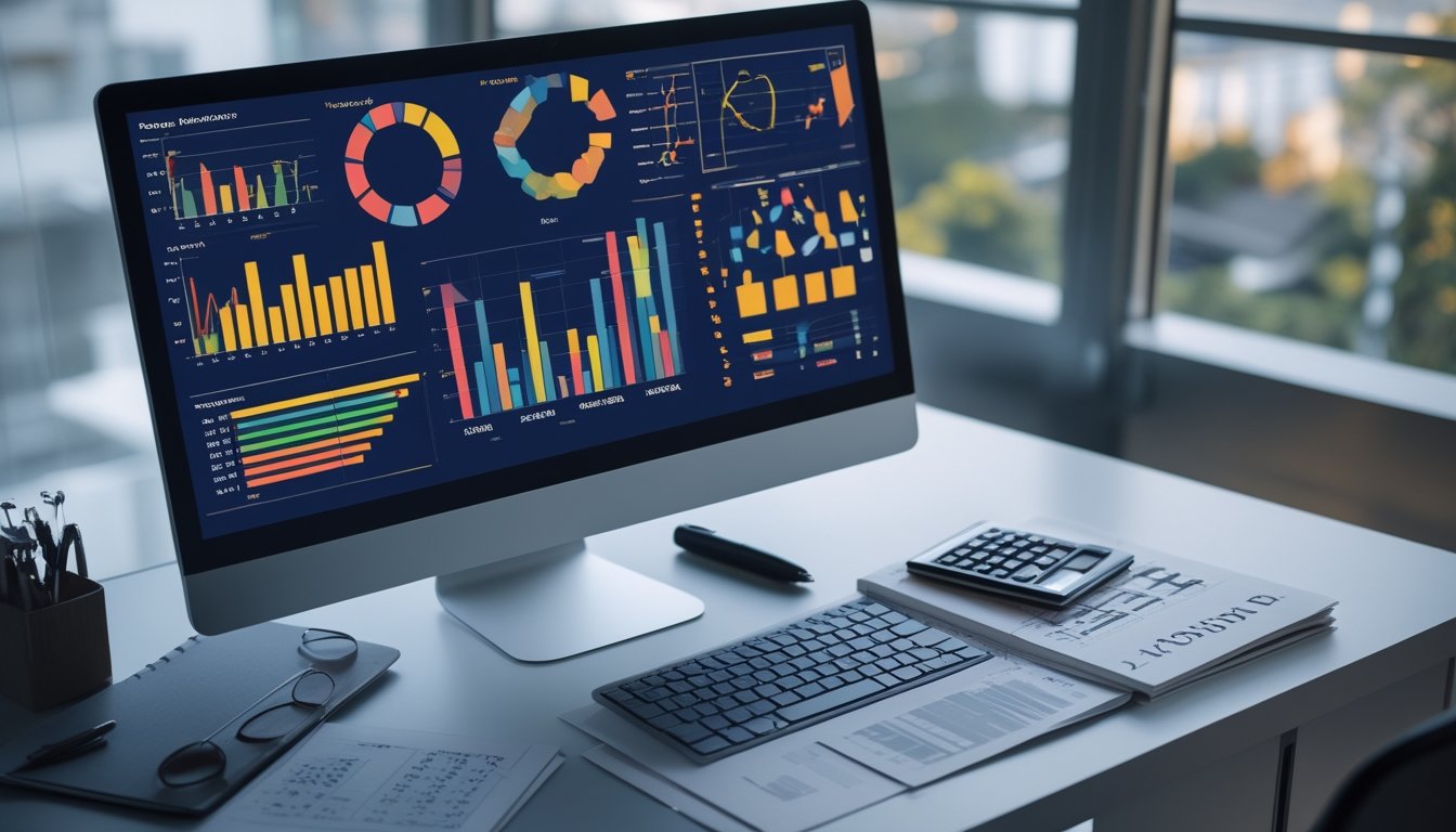 Meja kerja modern dengan layar berisi grafik abstrak dan pola data, disertai kalkulator, buku catatan, dan kalender.