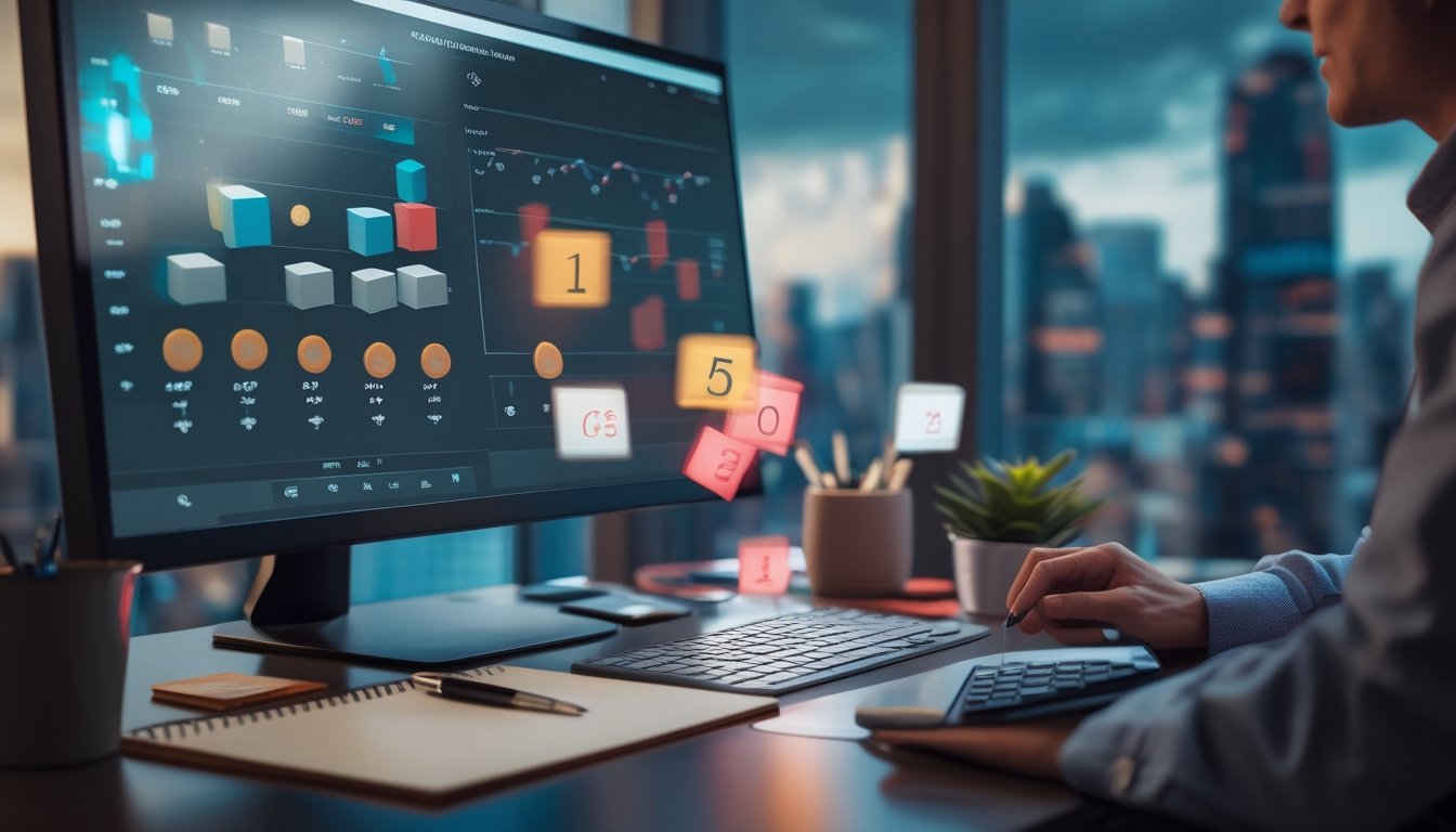 Meja kerja dengan monitor yang menampilkan visualisasi angka tiga dimensi dan grafik risiko, sementara seseorang sedang menganalisis data.