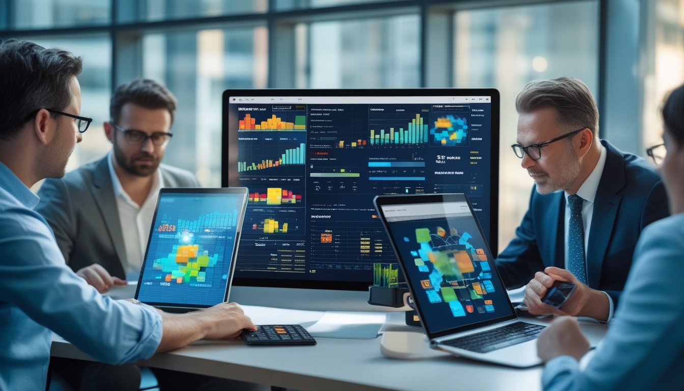 Analis data mengamati grafik abstrak pada beberapa layar di ruang kerja modern.