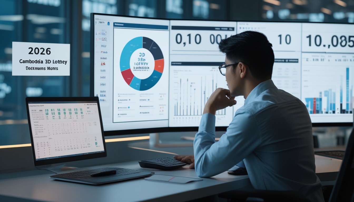 Analis sedang mempelajari grafik dan data angka di ruang kerja modern dengan nuansa Kamboja.