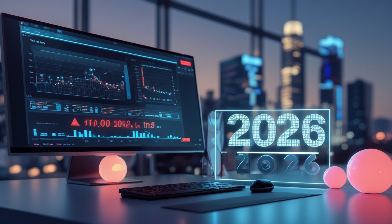 Meja kerja modern dengan visualisasi data tiga dimensi bercahaya dan elemen analitik futuristis.
