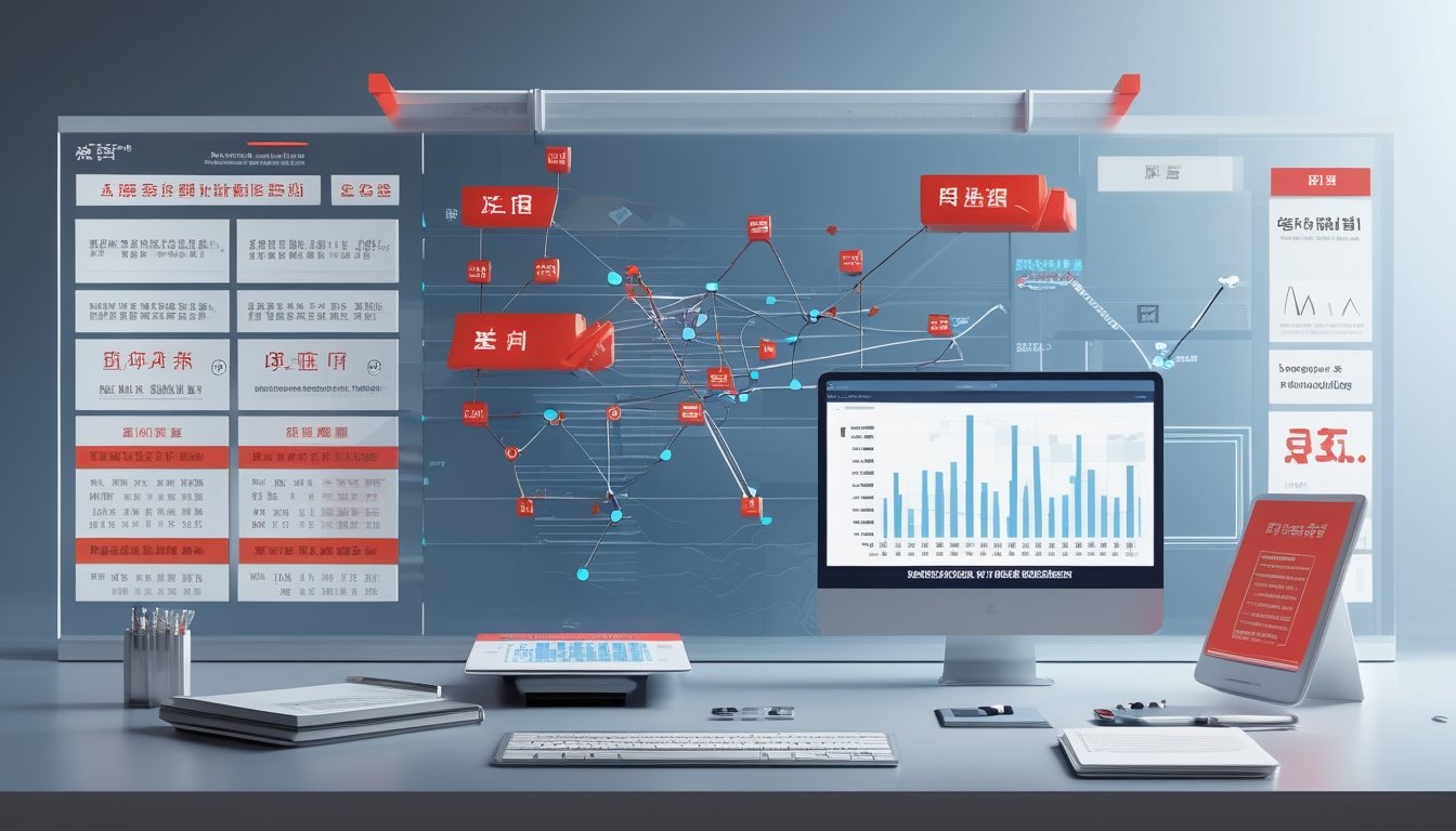 Ruang kerja modern dengan papan kaca berisi grafik tiga dimensi abstrak dan perangkat analisis data.
