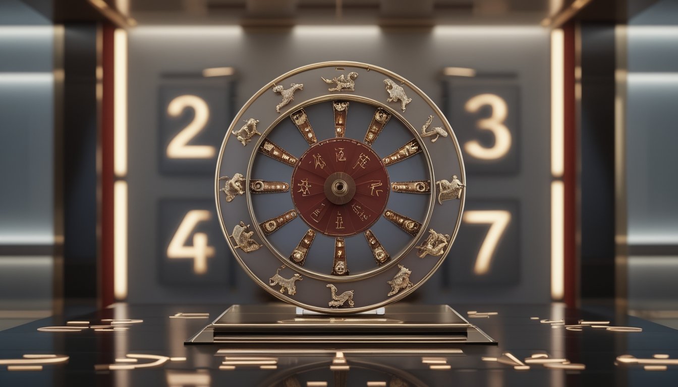 Roda zodiak Tiongkok tiga dimensi dengan dua belas hewan di atas meja reflektif bernuansa merah dan emas.