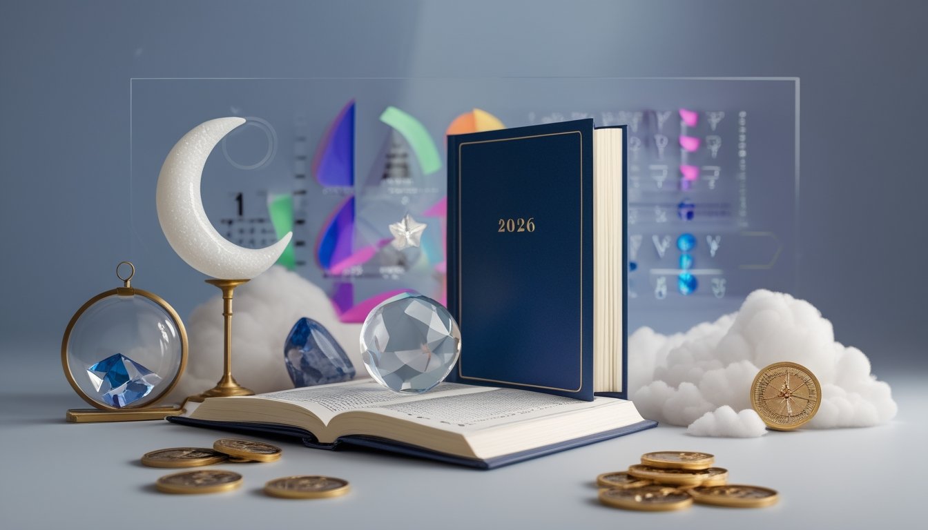 Buku bersampul kosong dikelilingi ornamen bulan sabit, awan, bintang, kompas, dan bola kristal di atas meja.