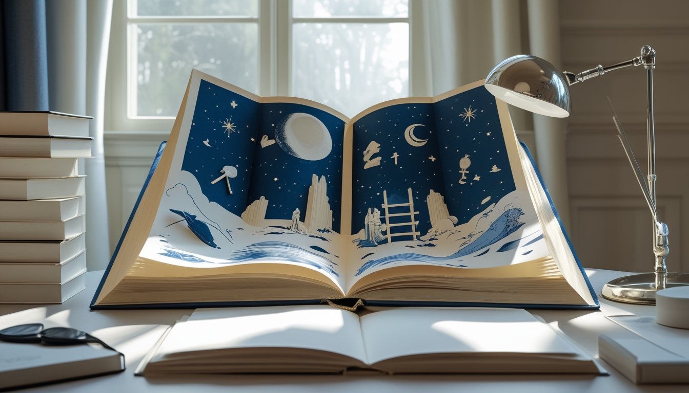 Buku bergambar tiga dimensi terbuka di atas meja dengan simbol mimpi dan perlengkapan membaca di sekitarnya.