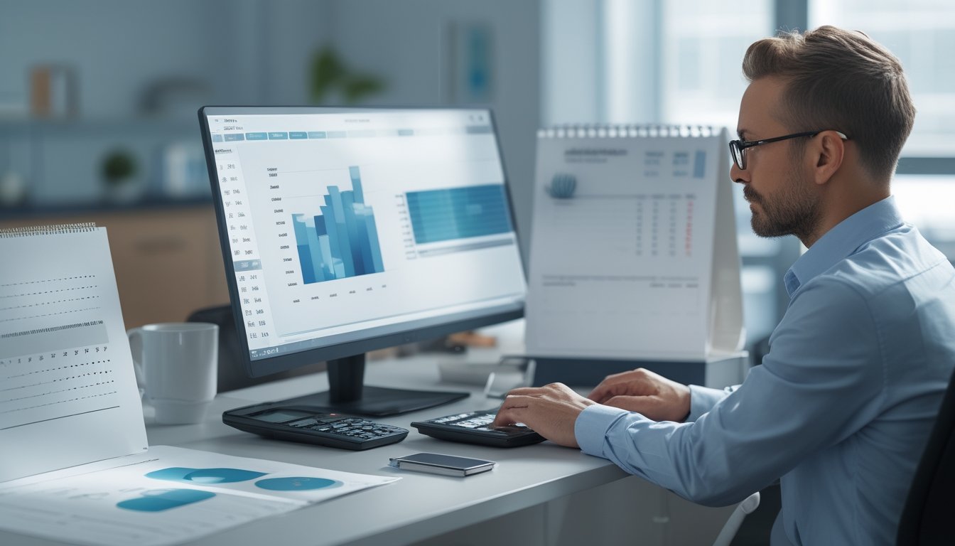 Seorang analis meninjau data angka abstrak di meja kerja modern dengan laptop, kalkulator, dan lembar data.