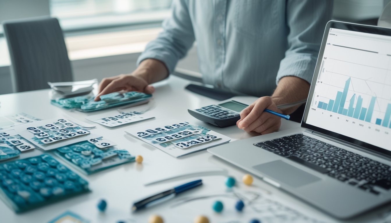 Seorang analis memeriksa kartu angka acak dan grafik probabilitas di meja kerja.