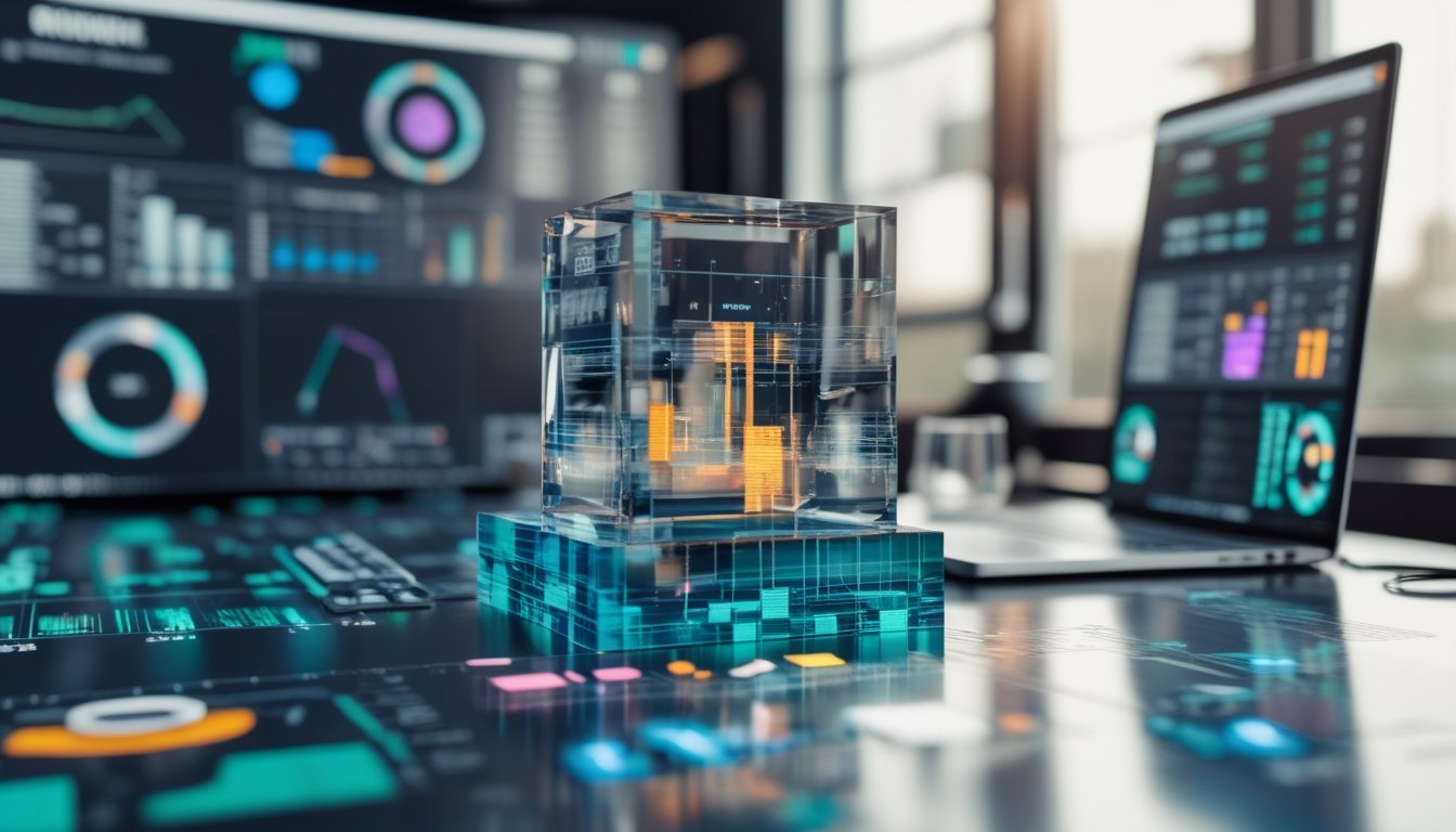 Meja kerja modern dengan kubus tiga dimensi transparan dan visualisasi data berwarna-warni.