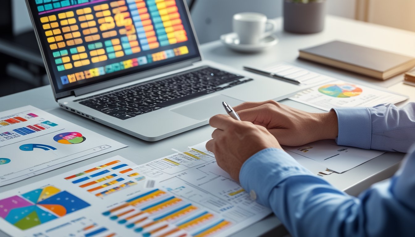 Tangan seorang analis membandingkan lembar data berwarna dan pola angka di meja kerja dengan laptop.