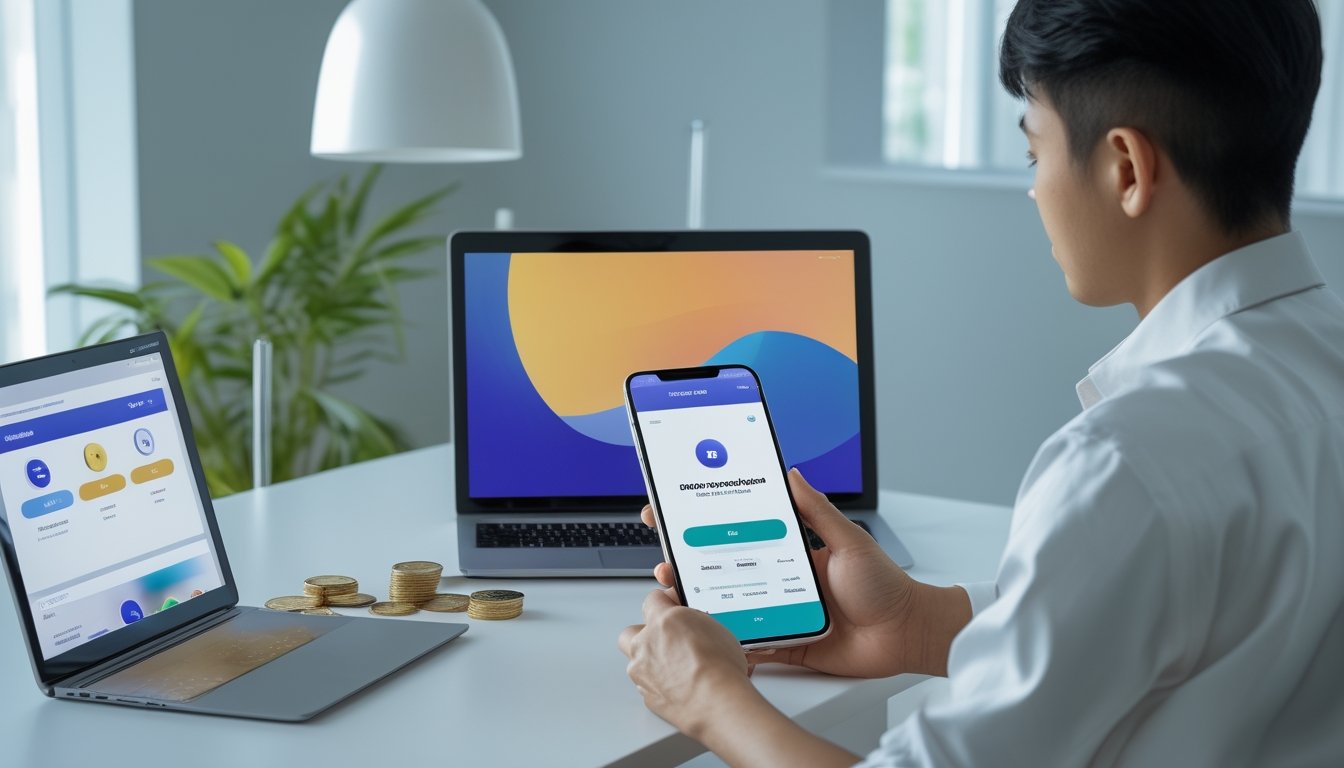 Seseorang menggunakan ponsel dan laptop untuk melakukan pembayaran digital di meja kerja modern.